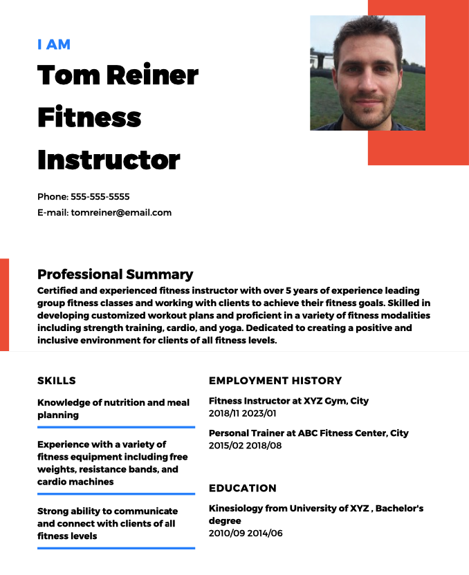 Fitness Instructor Resume Example